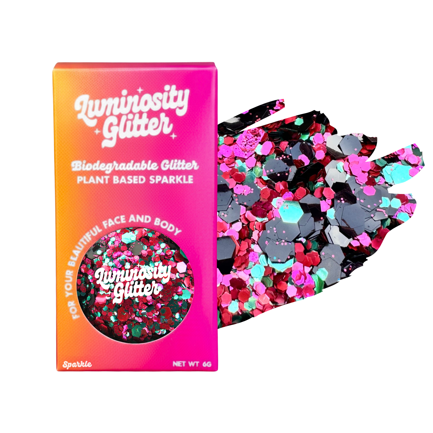 Luminosity Glitter packaging with biodegradable and plant-based glitter on a white background