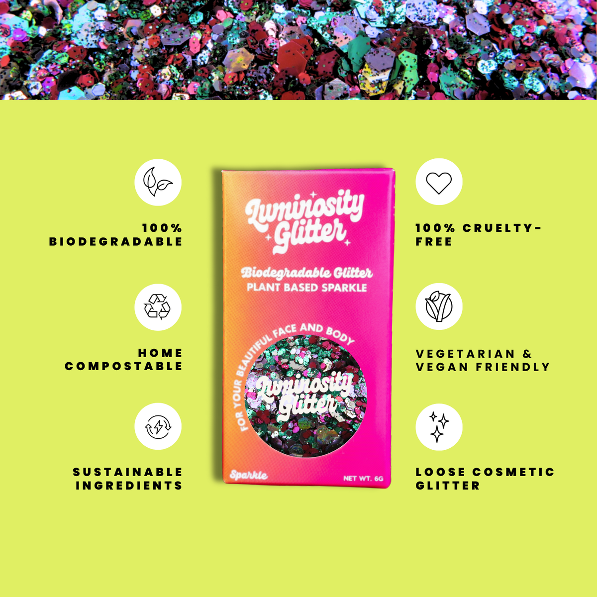 A product listing graphic for Lumiosity Glitter, showing the pink and orange product box centered on a bright yellow-green background with feature callouts around it. The top of the image shows a close-up strip of multicolored loose glitter.