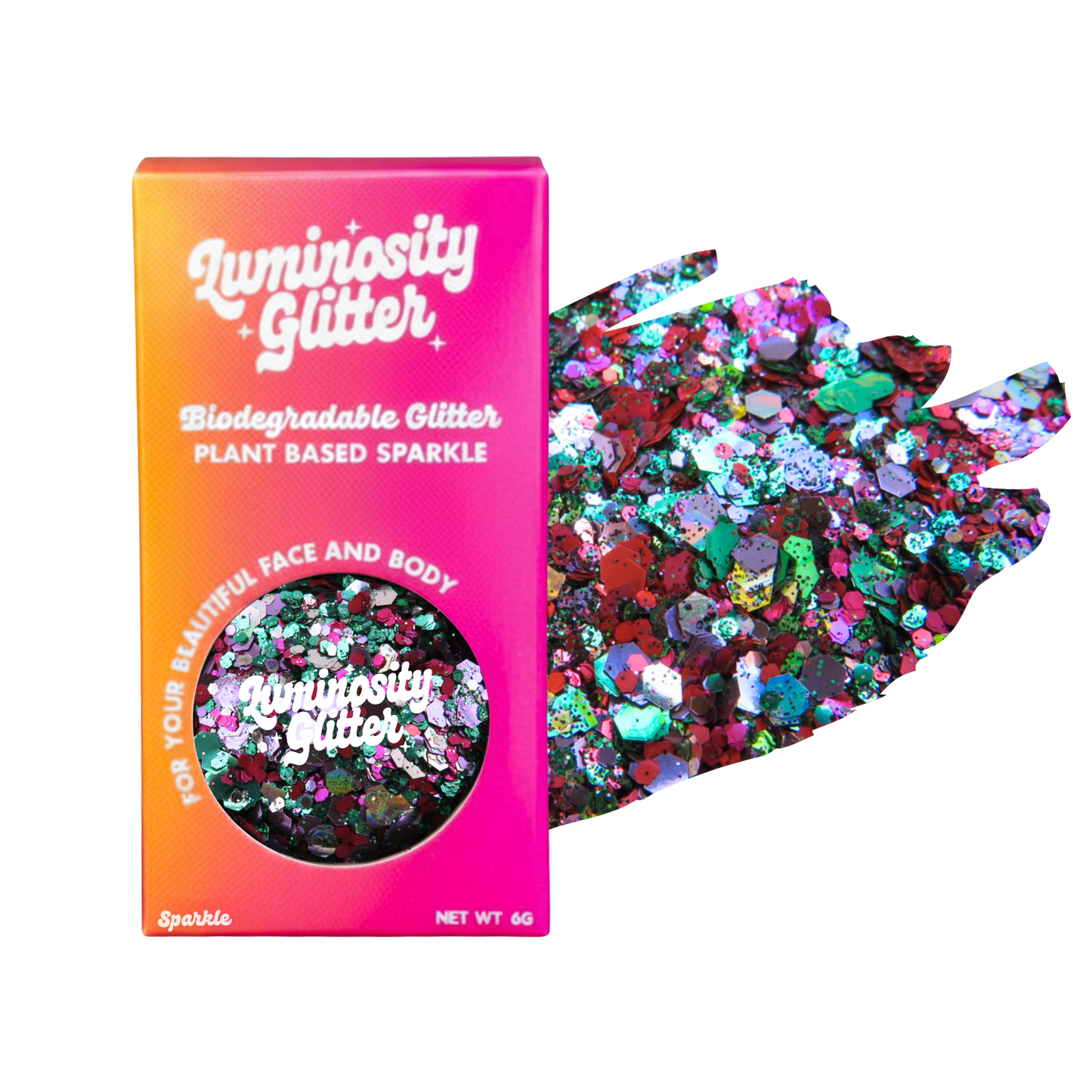 Luminosity Glitter packaging box in a vibrant pink-to-orange gradient, shown next to a hand displaying a mix of colorful, reflective biodegradable glitter flakes on a plain white background.