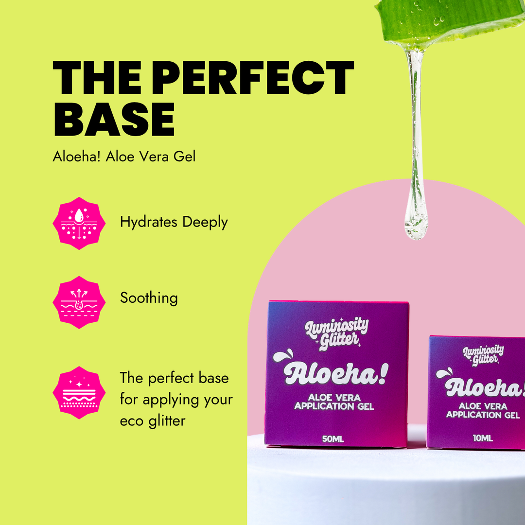 Aloe vera gel packaging with droplet on green background, text &