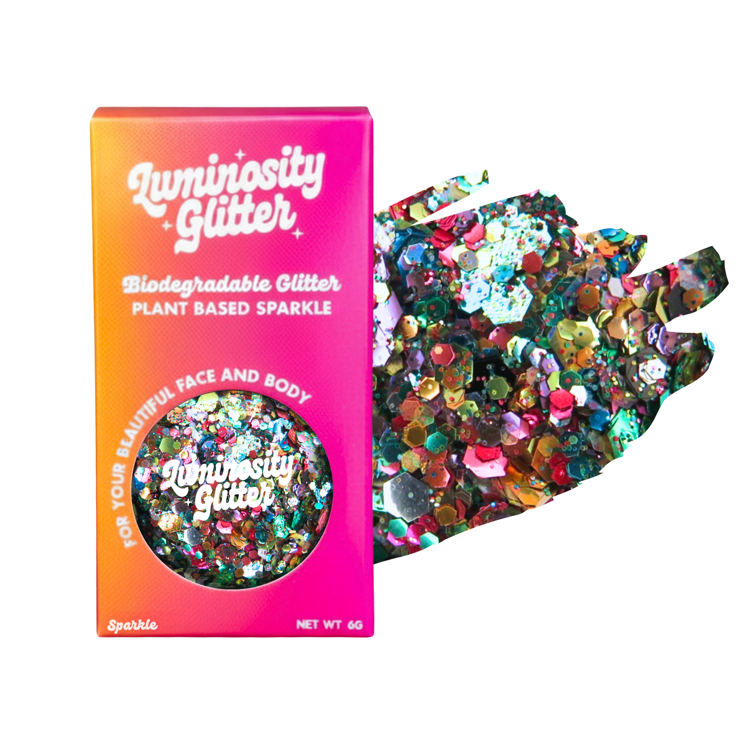 Luminosity Glitter packaging with biodegradable and plant-based sparkle, on a white background.