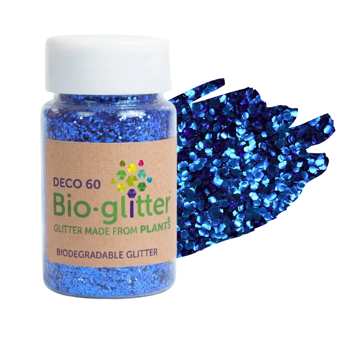 A jar of blue chunky craft Bio-glitter made from plants, shown next to a textured swatch of the same blue biodegradable glitter on a white background.