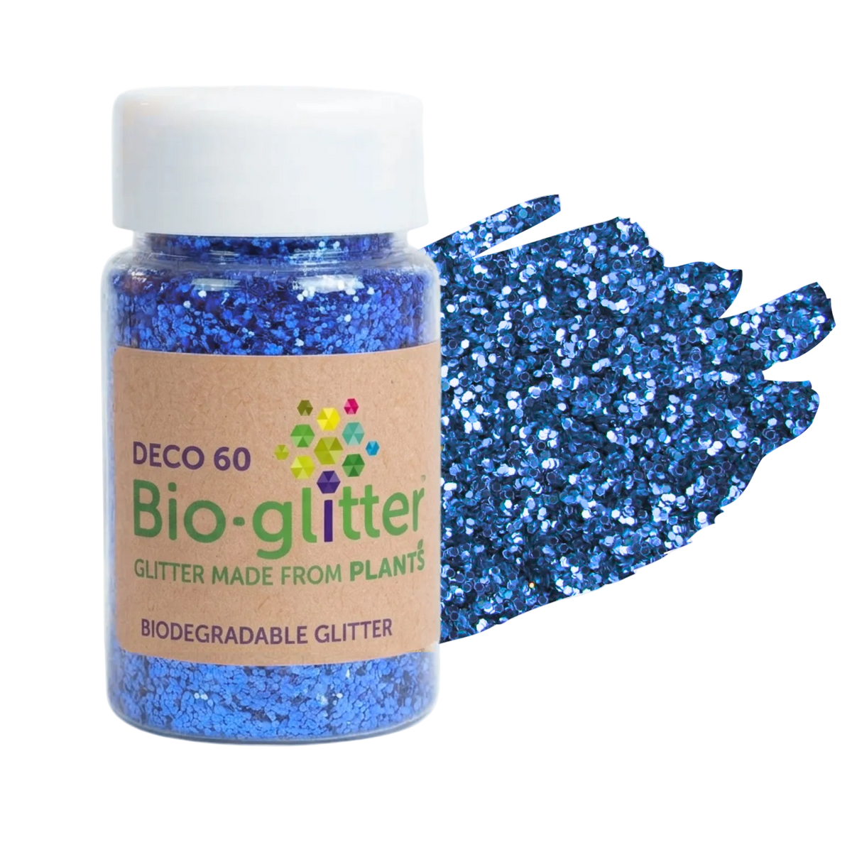 A bottle of blue craft Bio-glitter with a white cap and a kraft paper label, shown next to a textured swatch of the blue glitter on a white background.