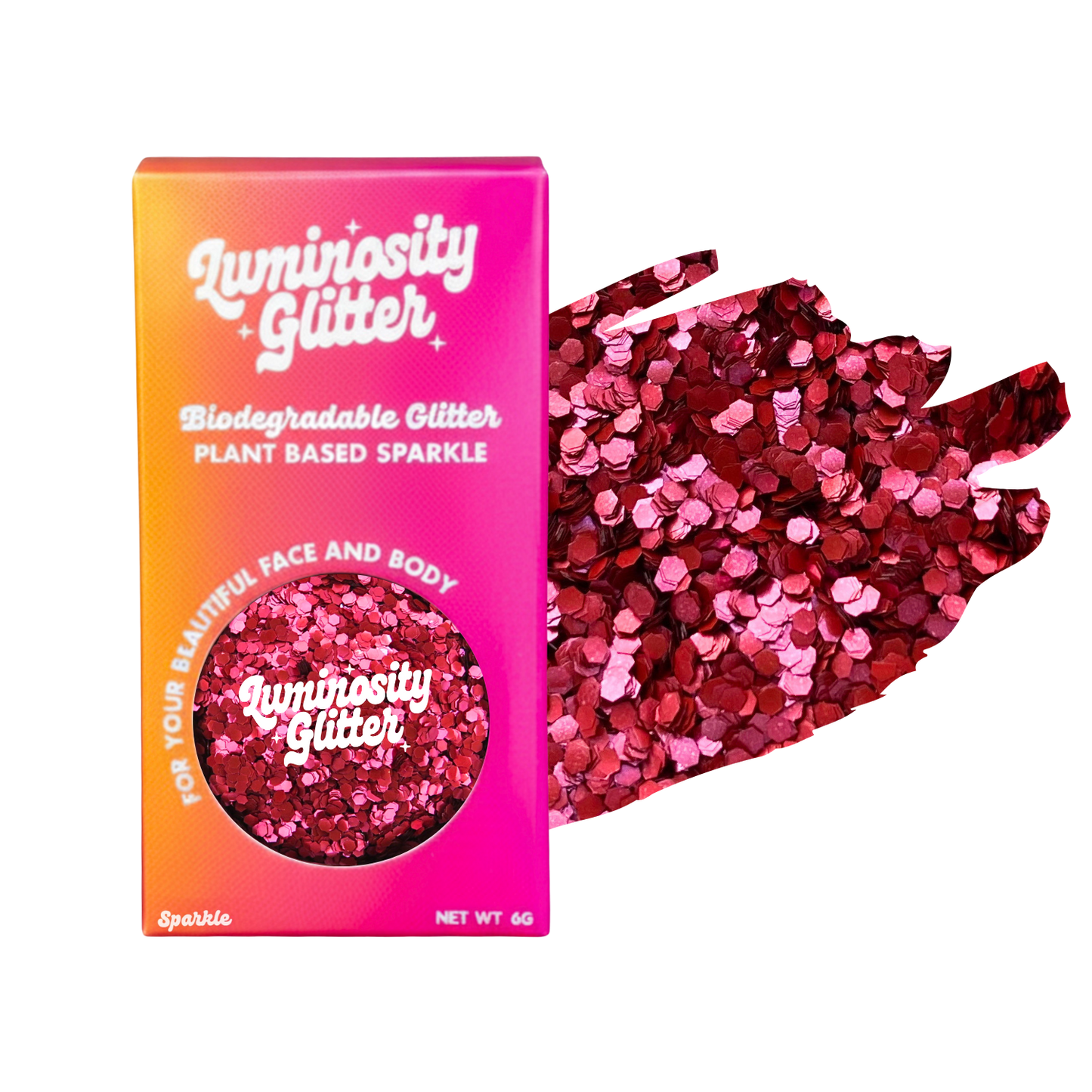 Luminosity Glitter packaging with red and pink glitter on a white background