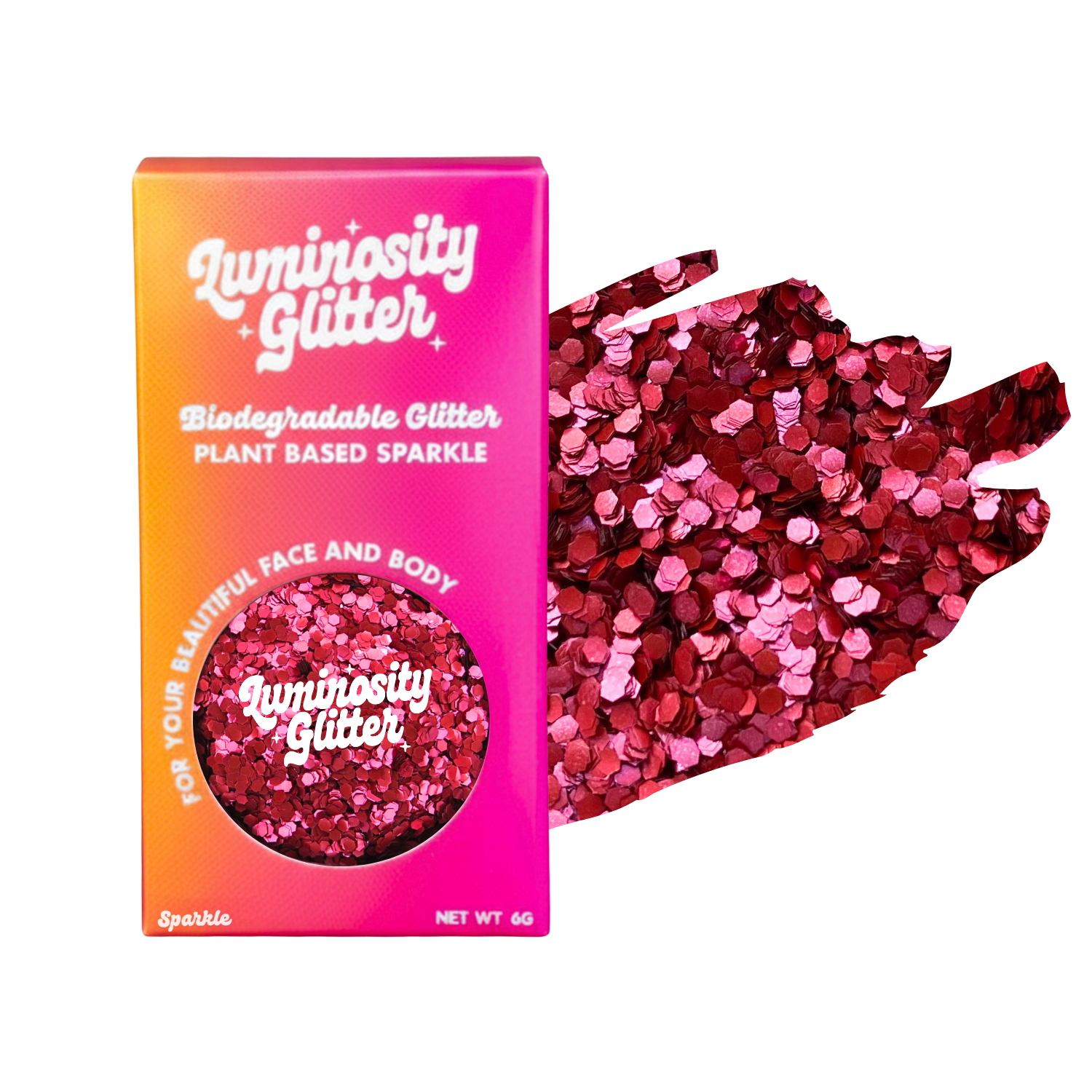 Luminosity Glitter packaging with red and pink glitter on a white background