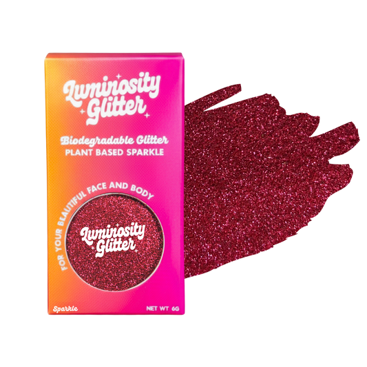 Luminosity Glitter packaging with red glitter swatch on a white background