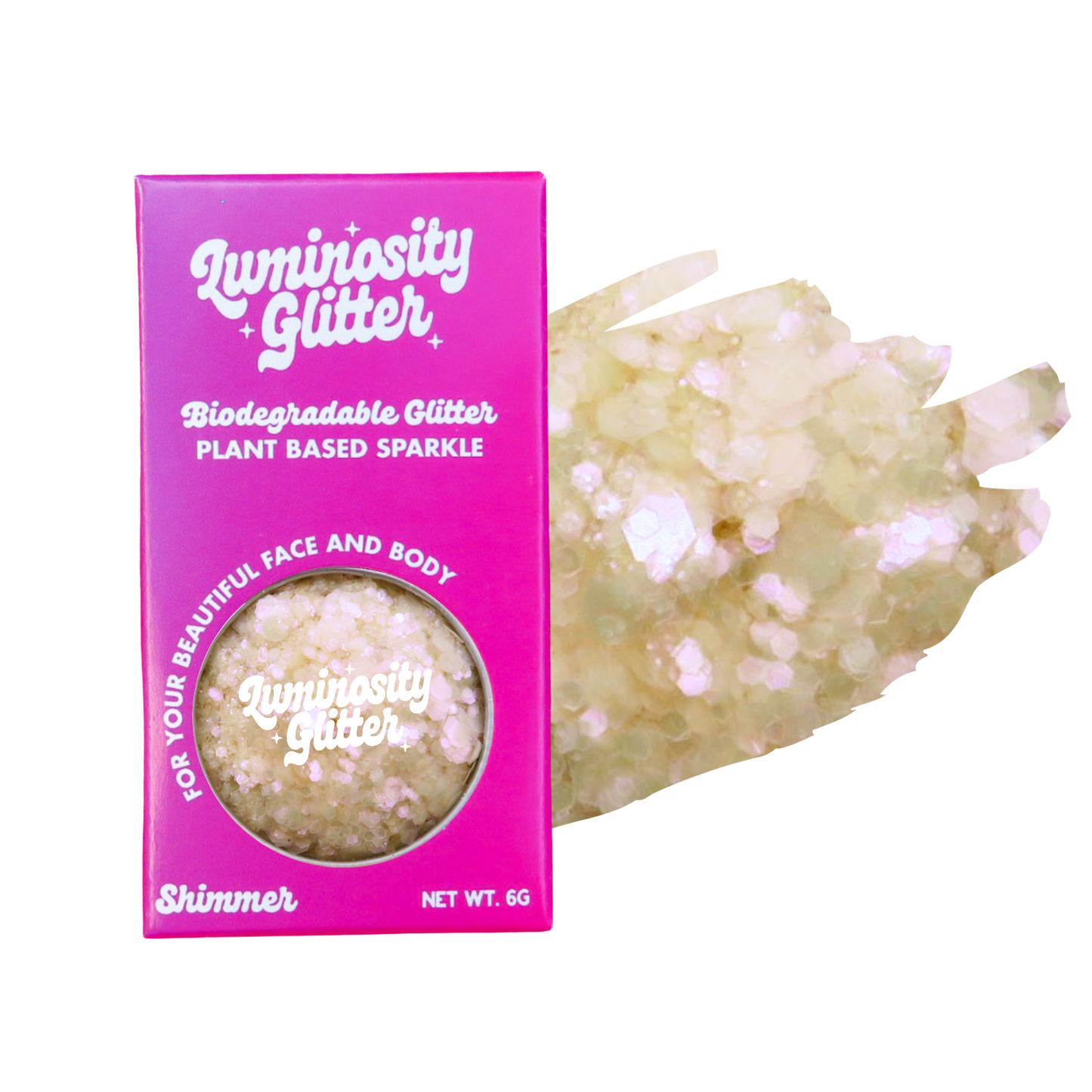 Luminosity Glitter packaging with a sample of glitter on a white background