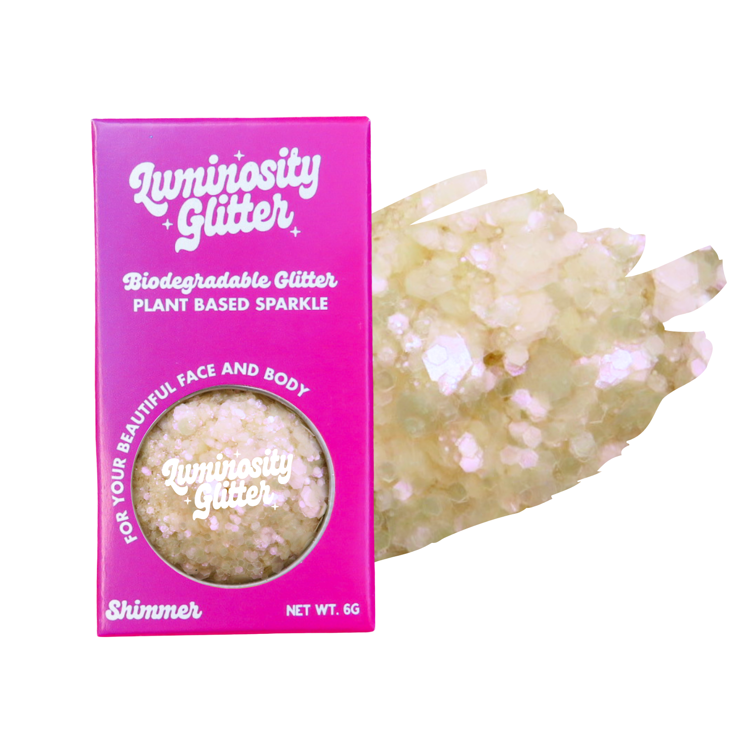 Luminosity Glitter packaging with a sample of glitter on a white background