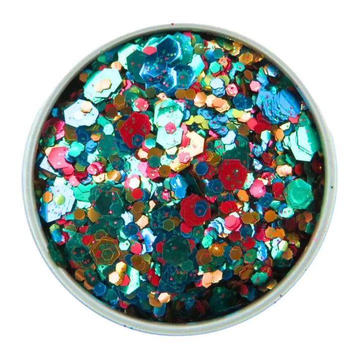 Close-up of Chameleon Festival Glitter Mix, biodegradable cosmetic glitter by Luminosity Glitter