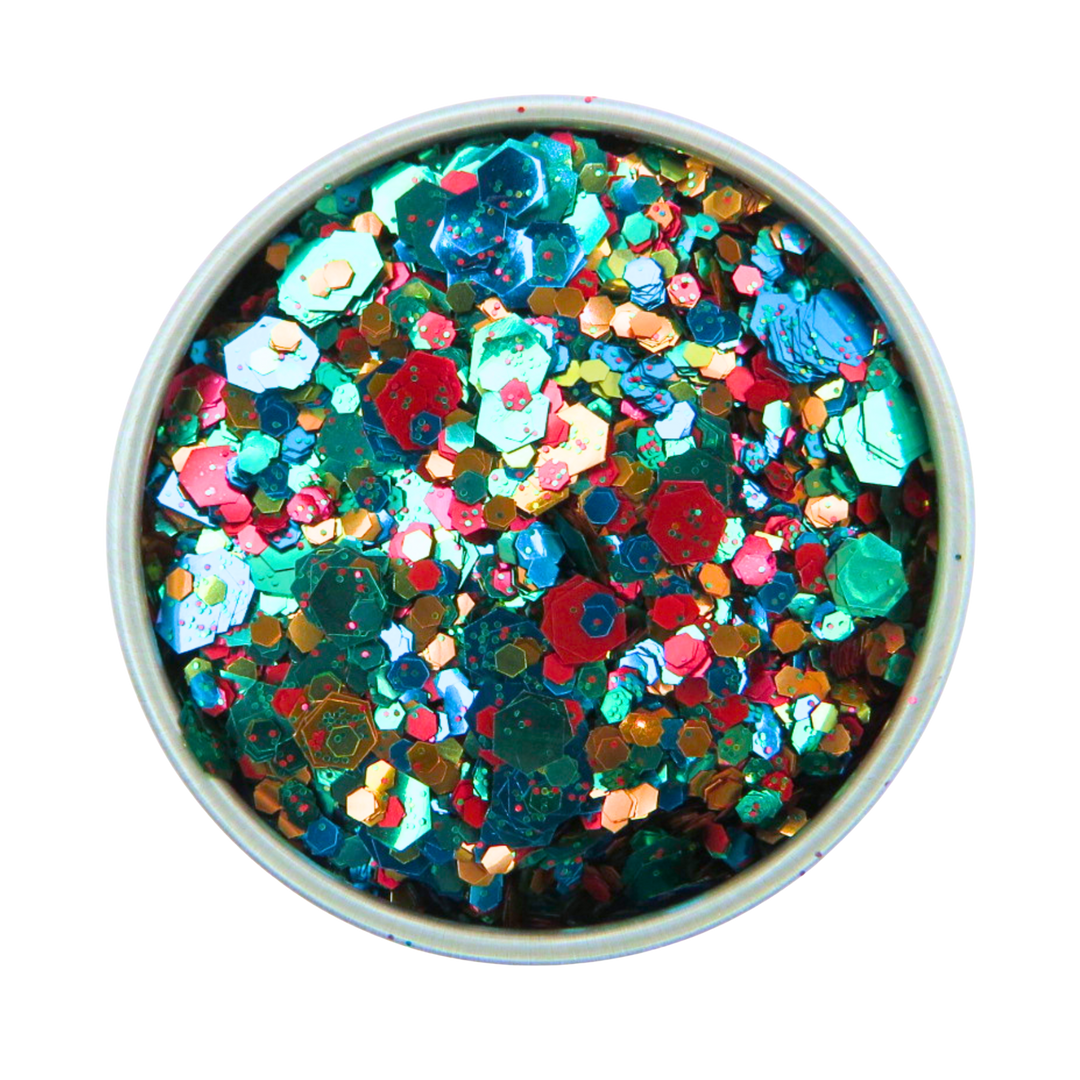 Colorful glitter in a round container on a white background