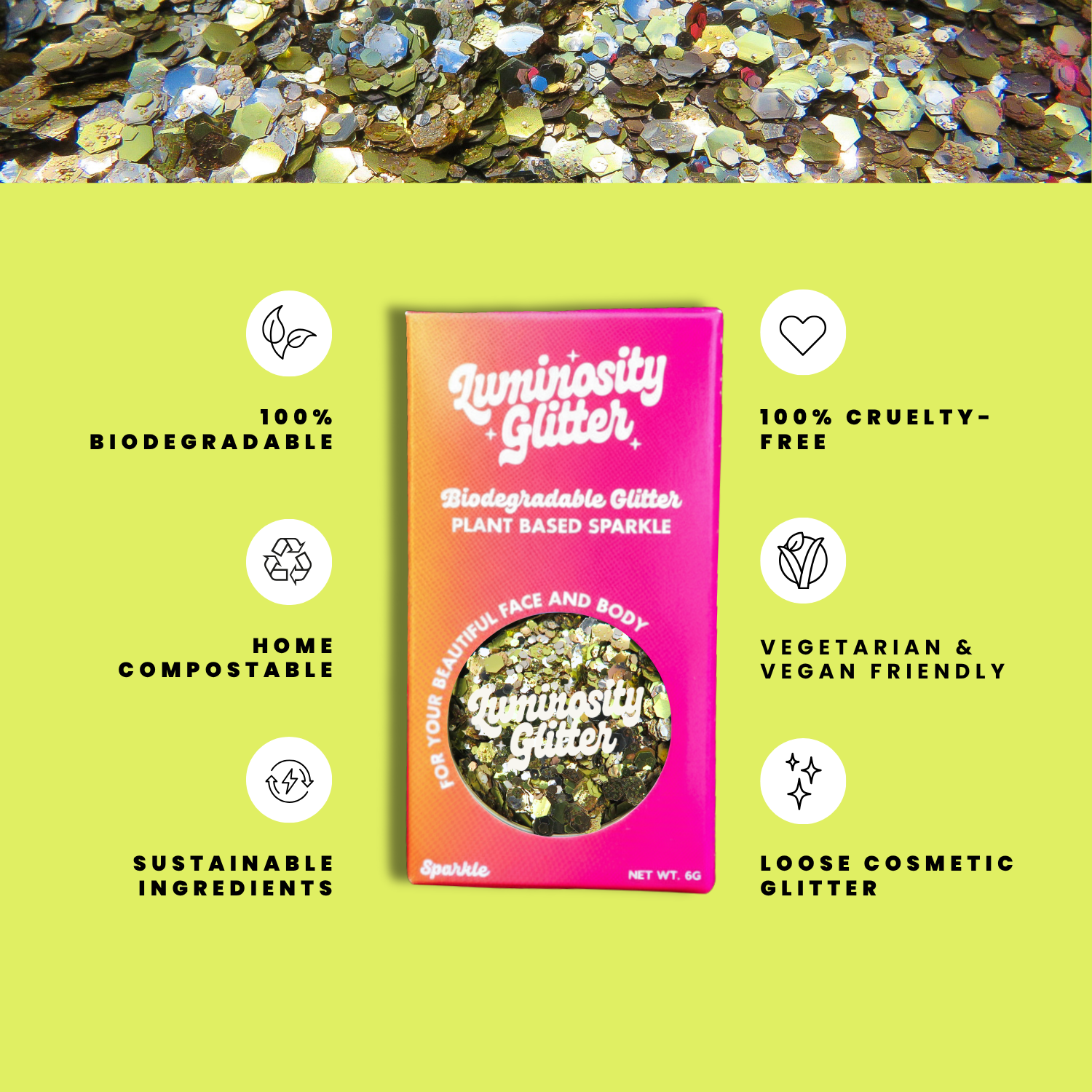 Luminiosity Glitter packaging with sustainability features on a green background