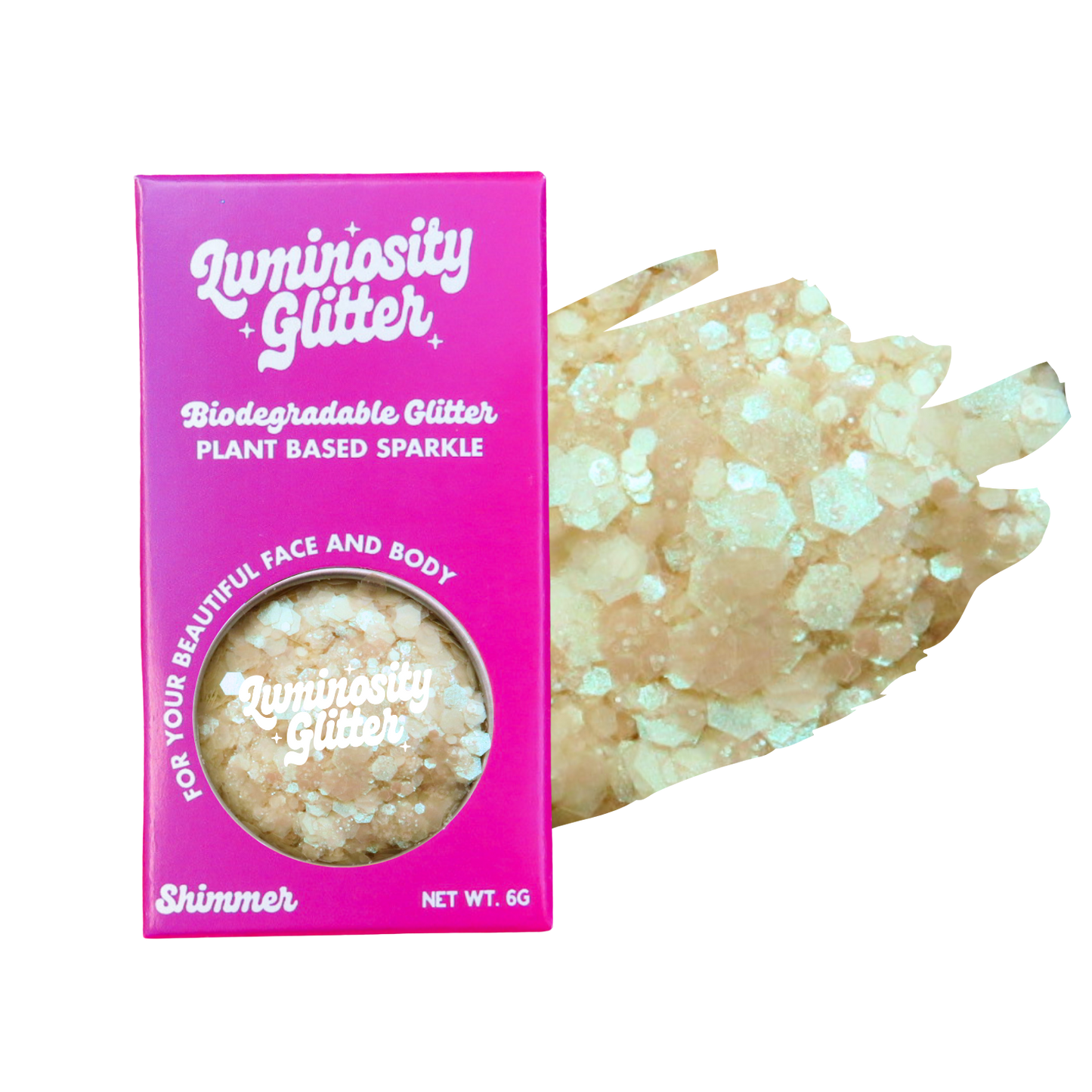 Luminosity Glitter packaging with a sample of glitter on a white background