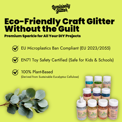 Promotional graphic for Luminosity Glitter Eco-Friendly Craft Glitter. The bright lime-green background features product text, certification badges, a eucalyptus branch illustration, and multiple small bottles of craft glitter in various colors arranged at the bottom right.