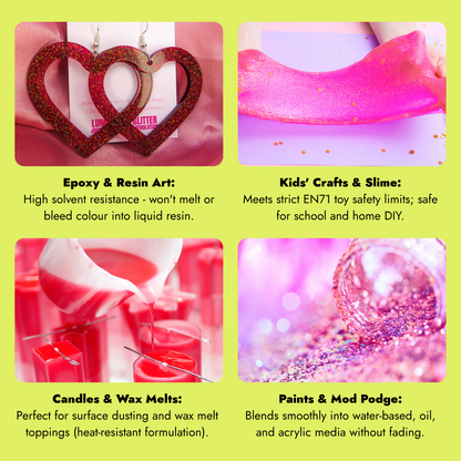 A four-panel promotional graphic on a bright yellow background showing pink glittery resin and craft materials: two heart-shaped dangling earrings, stretchy pink slime, candles and wax melts in red containers, and a close-up of glittery pink paint/pod. Text describes uses such as epoxy & resin art, kids' crafts & slime, candles & wax melts, and paints & mod podge.
