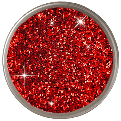 Close-up of vivid red craft glitter with a highly reflective sparkling finish.