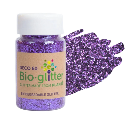 A jar of purple craft bio-glitter with a white cap. There is a swatch of purple glitter next to the jar.