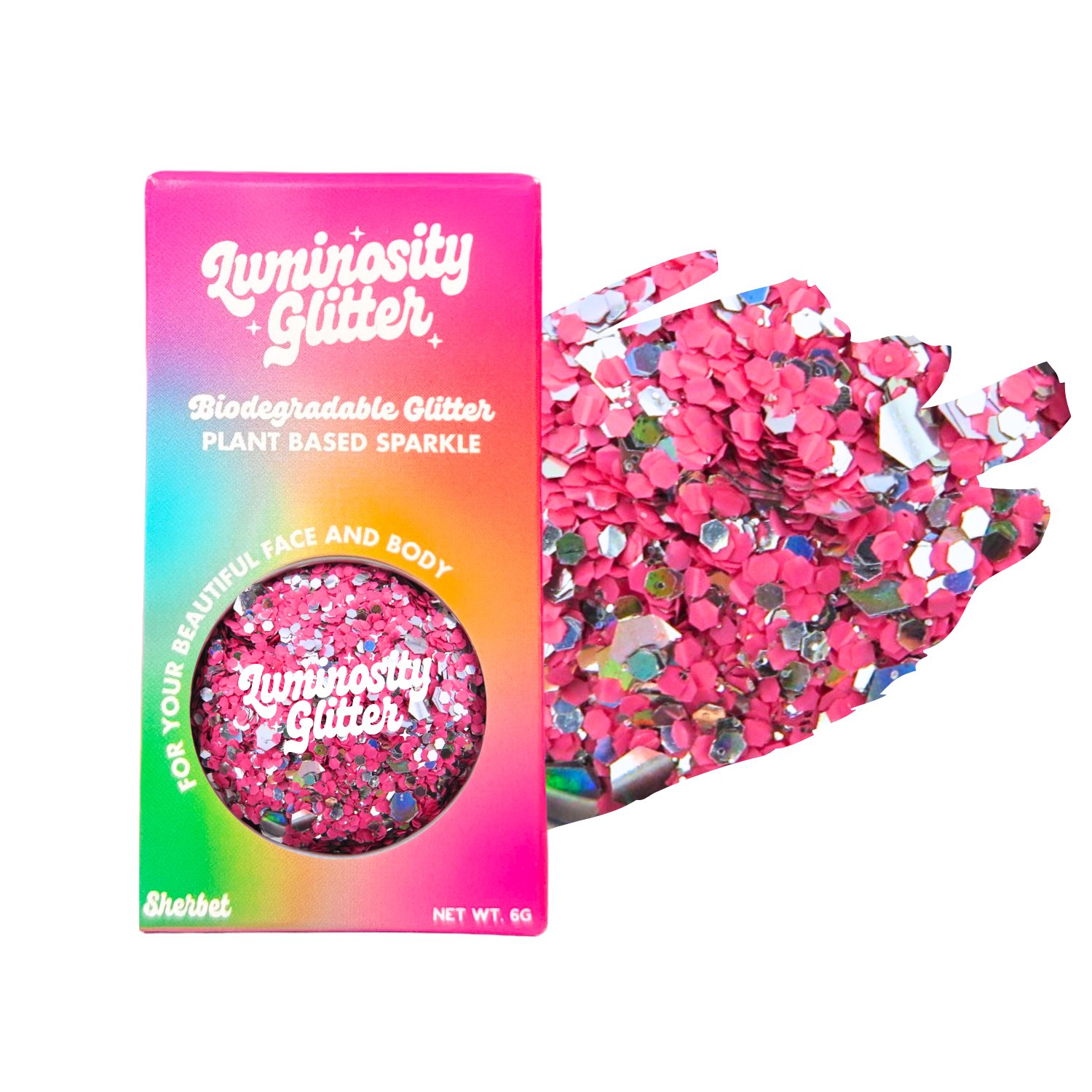 Luminosity Glitter packaging with pink glitter on a white background