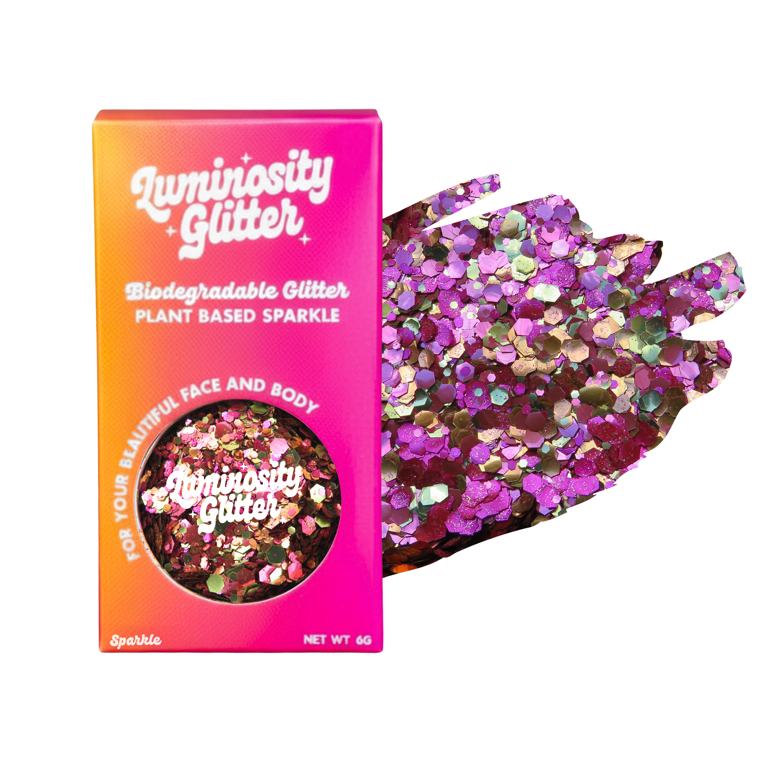 Luminosity Glitter packaging with biodegradable and plant-based sparkle on a white background