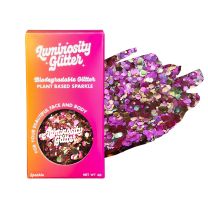 Luminosity Glitter packaging with biodegradable and plant-based sparkle on a white background