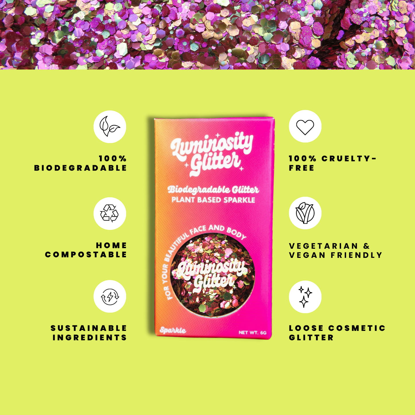 Luminosity Glitter packaging with sustainability features on a green background