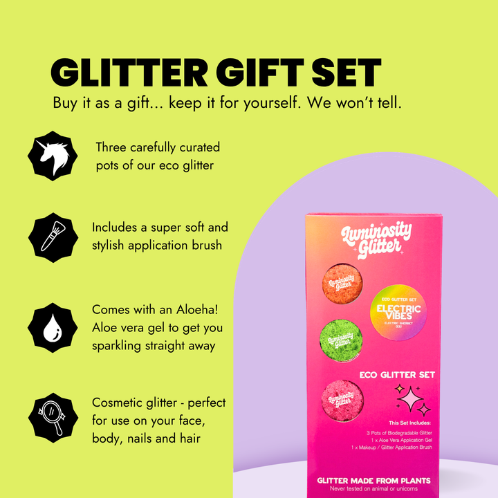 Electric Vibes Festival Glitter Set contents and features infographic