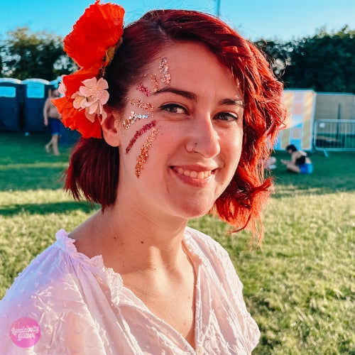 Festival face glitter look created with Luminosity eco glitter blends