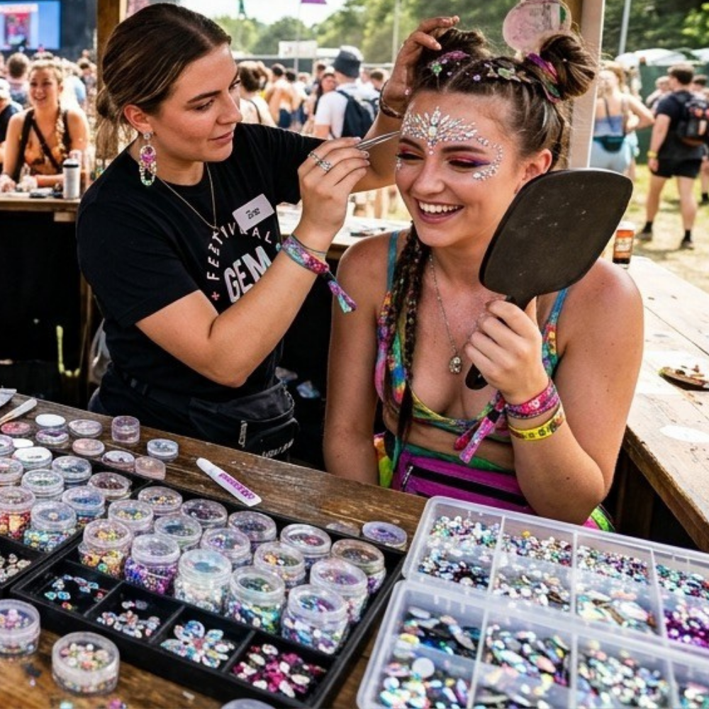 Woman getting face gems at a festival with various face and body gem supplies on a table.