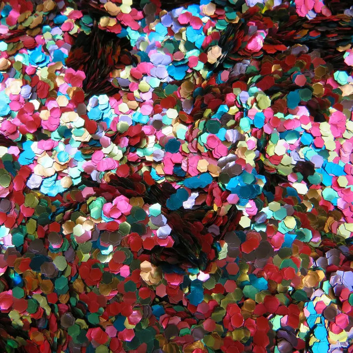 Confetti super chunky bioglitter mix in rainbow colours. Festival and pride eco glitter mix.