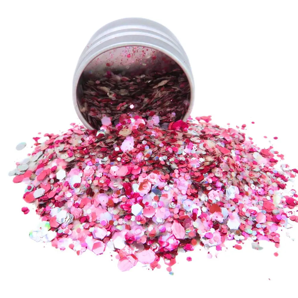 Galactic blush biodegradable glitter blend of pink, magenta, silver holographic and rose iridescent glitter. Cosmetic grade glitter.
