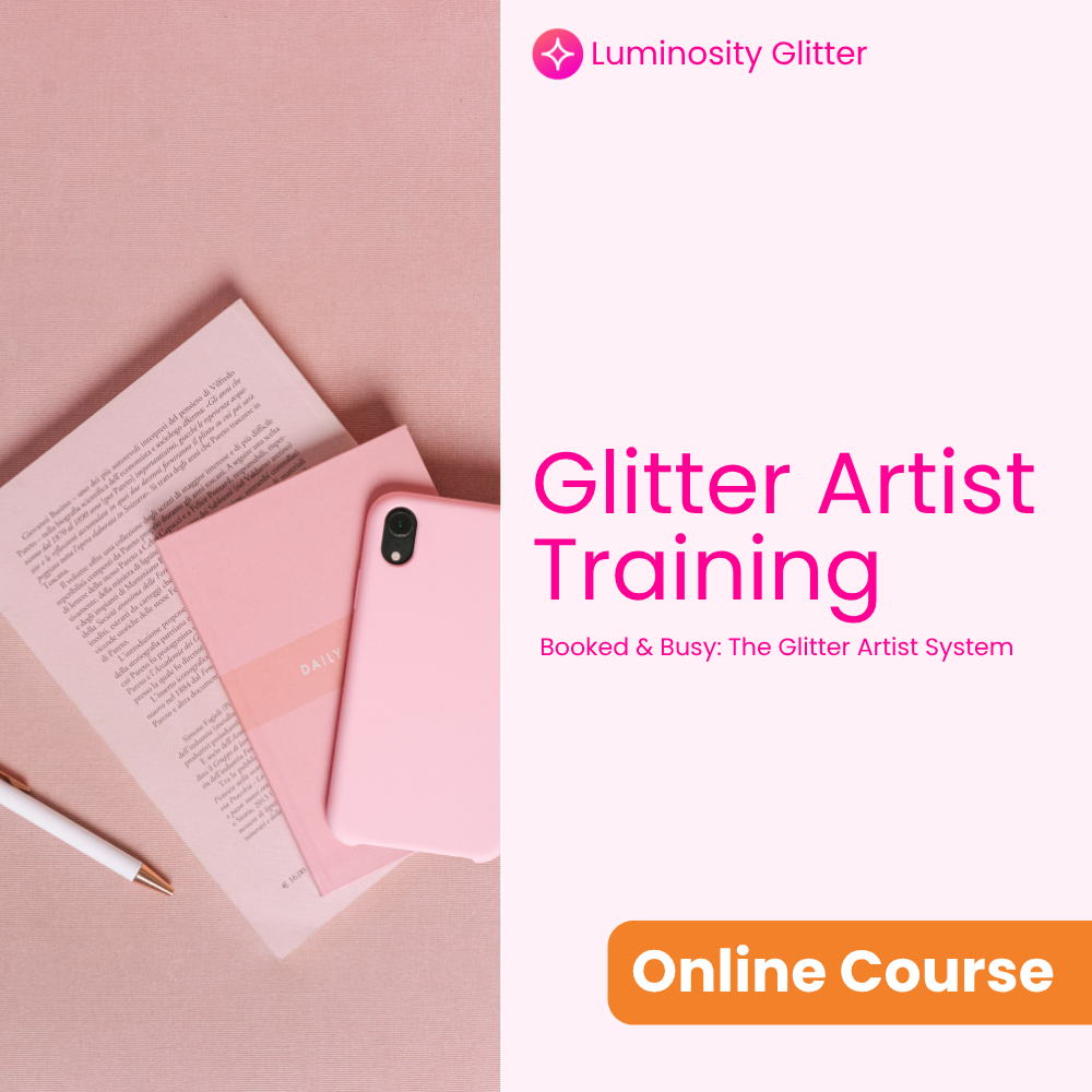 Pink phone on a pink surface with 'Luminosity Glitter' branding and text about glitter artist training.