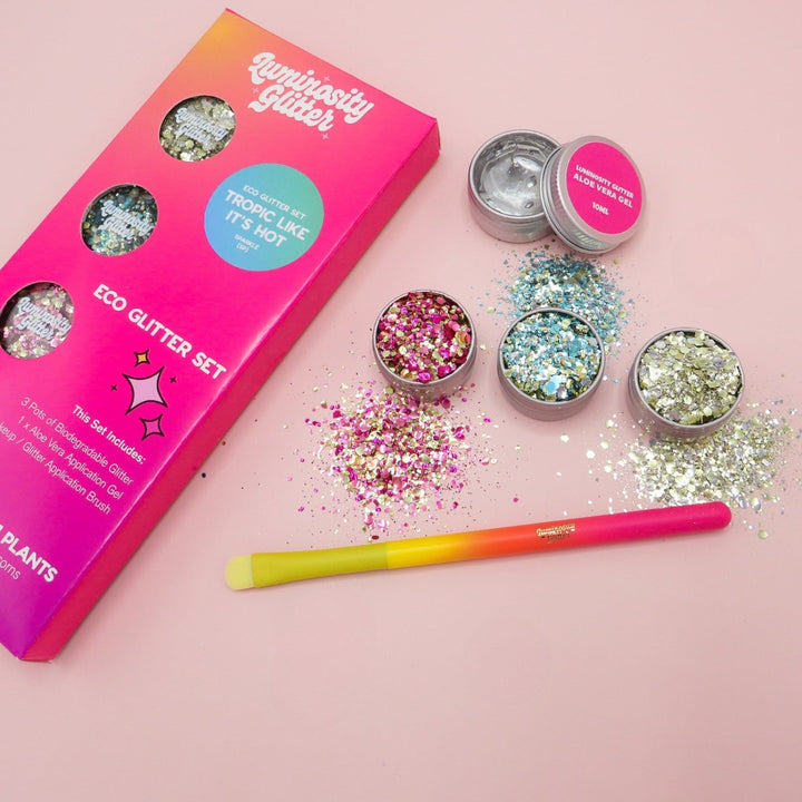 Bold biodegradable glitter with aloe gel and makeup brush