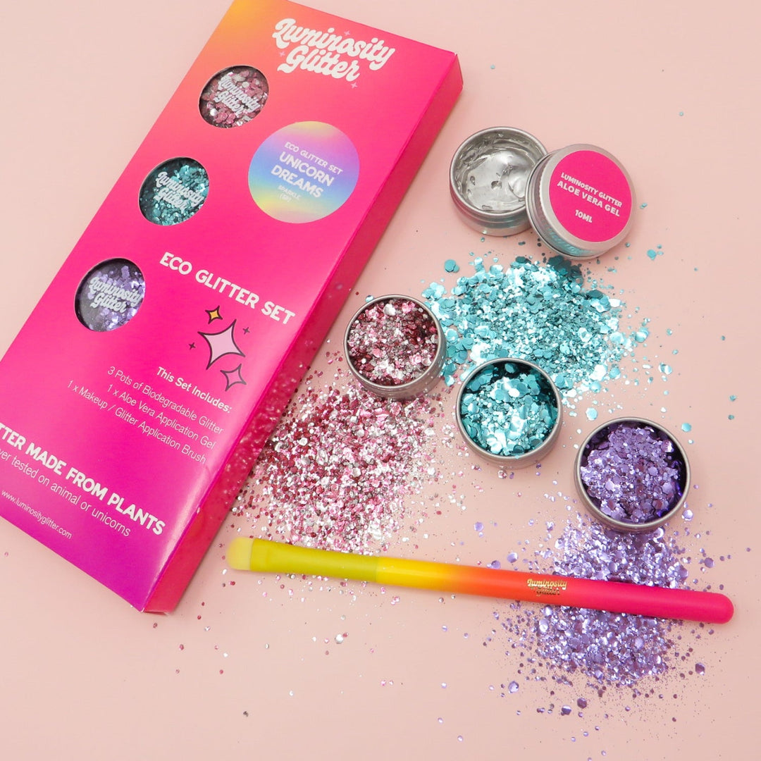 Biodegradable unicorn face glitter with aloe gel and brush