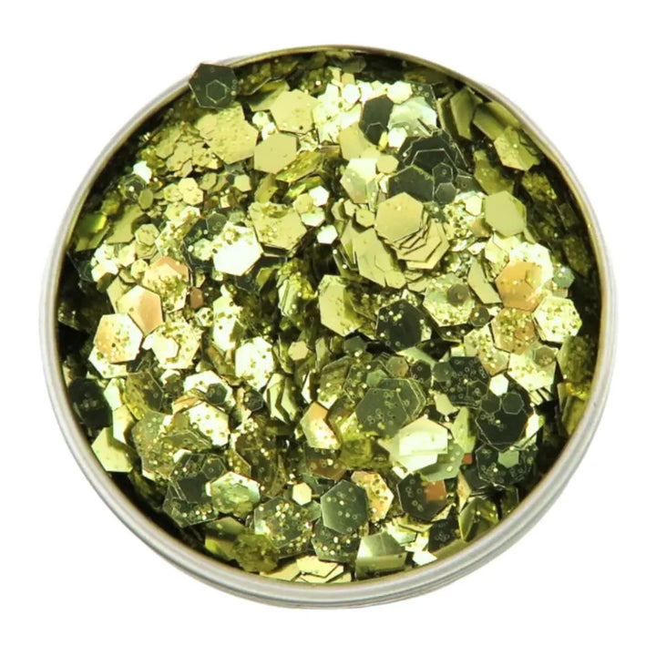 Close-up of Gold Rush Glitter Blend, biodegradable cosmetic glitter by Luminosity Glitter