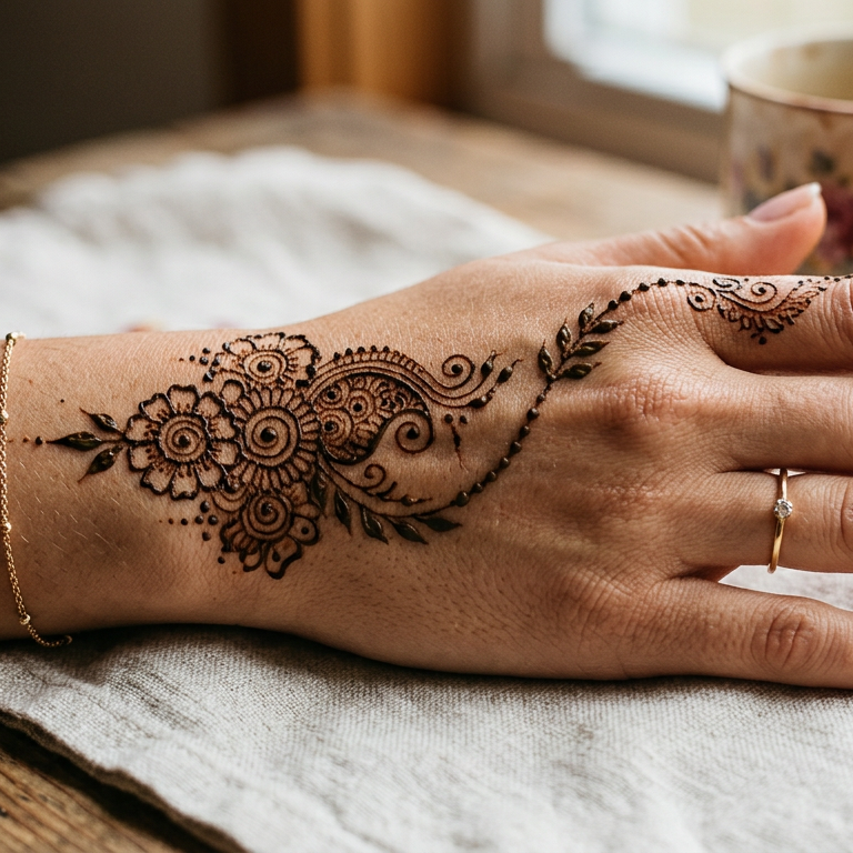 Hand with intricate henna design on wrist and palm, placed on a wooden surface with a cup and bowl in the background.
