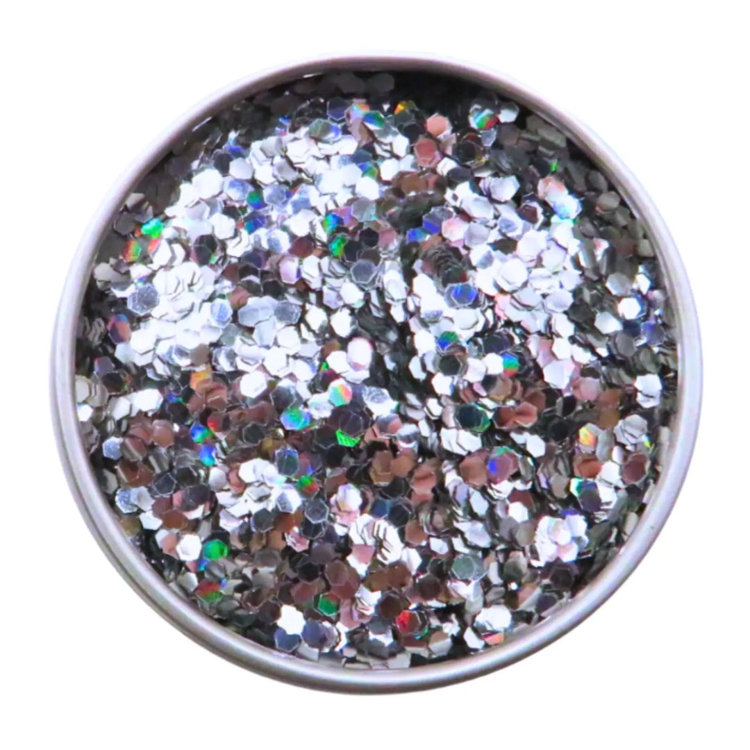 Close-up of Holographic Chunky Glitter, biodegradable cosmetic glitter by Luminosity Glitter