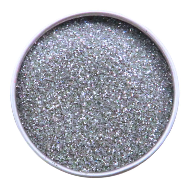Close-up of Holographic Silver Fine Glitter, biodegradable cosmetic glitter by Luminosity Glitter