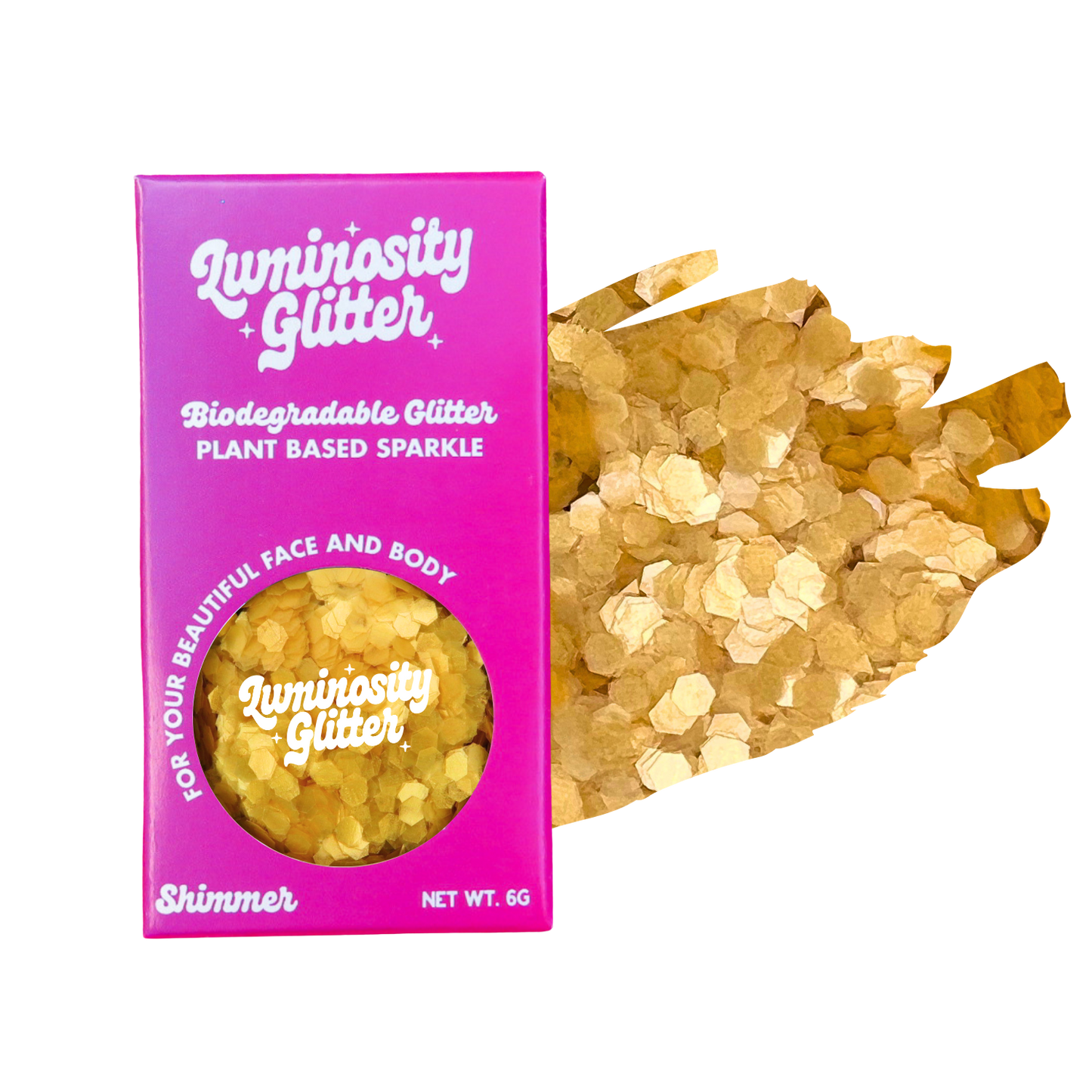Luminosity Glitter packaging with gold glitter on a white background