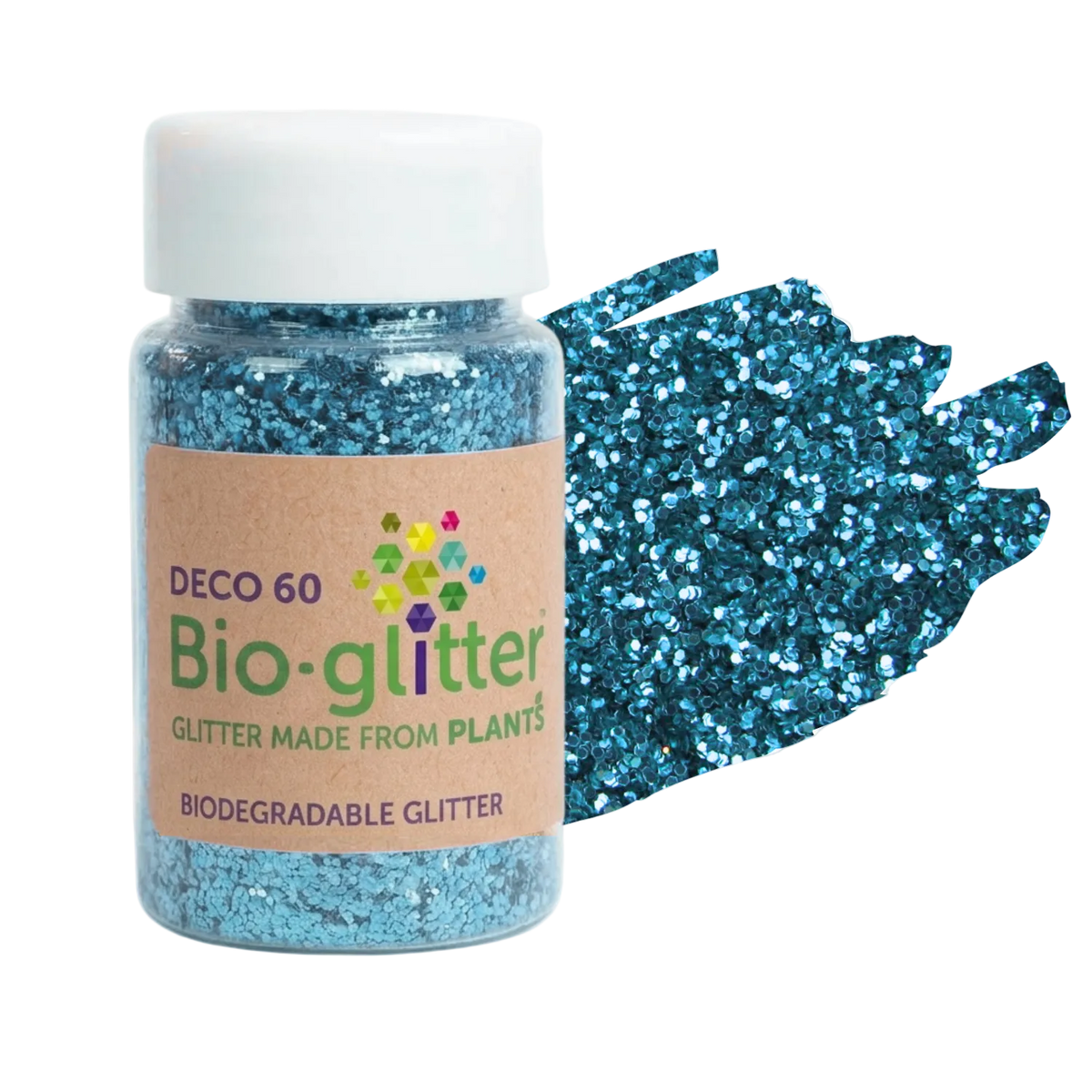 A jar of blue craft Bio-glitter with a white cap and a kraft paper label, shown next to a textured smear of the sparkling blue glitter on a white background.
