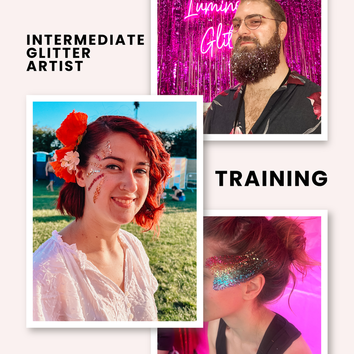 Promotional collage for an intermediate glitter artist training program, featuring text reading &