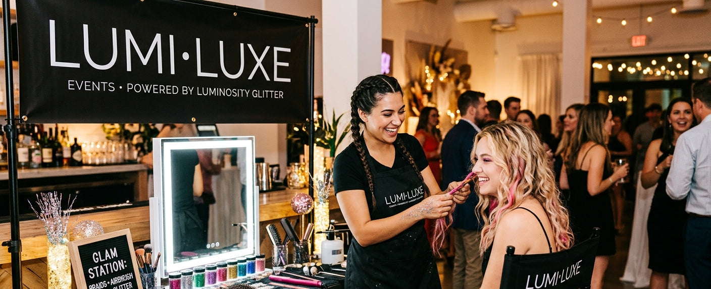 A lifestyle event scene at a LUMI-LUXE Events makeup station, where a makeup artist applies makeup to a seated client. The station is equipped with a vanity mirror, a lighted ring light, a color palette, and a black branded banner in the background.