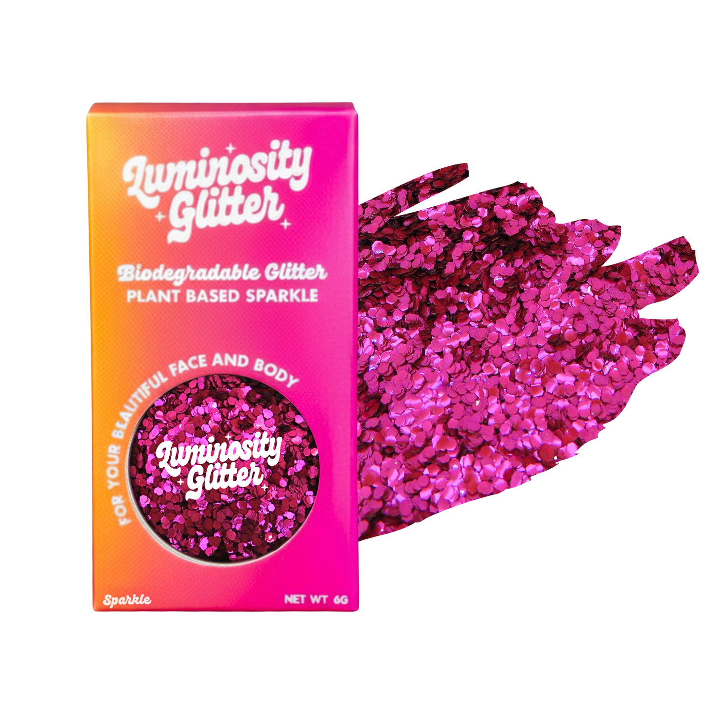 Luminosity Glitter packaging with pink glitter on a white background