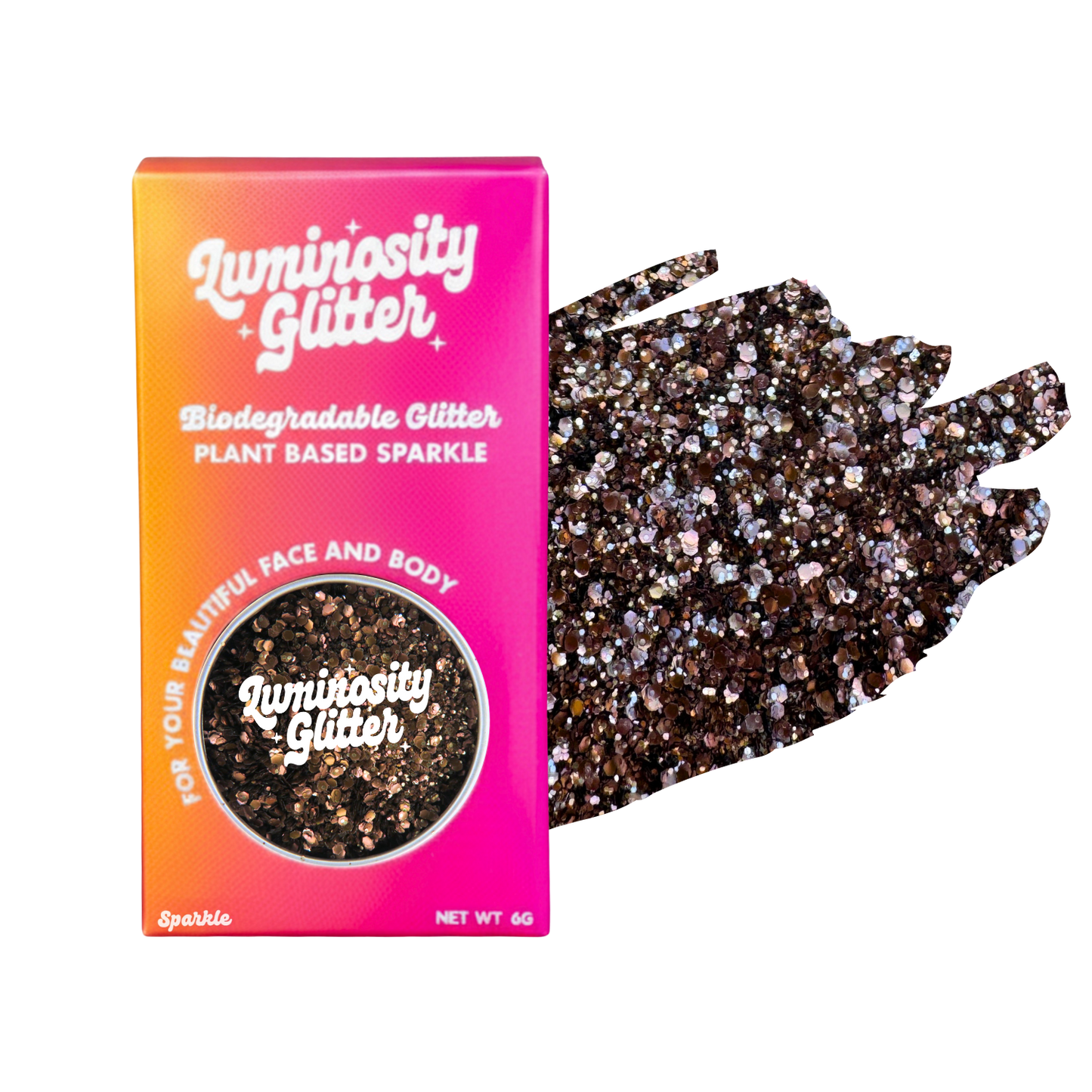 Luminosity Glitter packaging with biodegradable and plant-based glitter on a white background