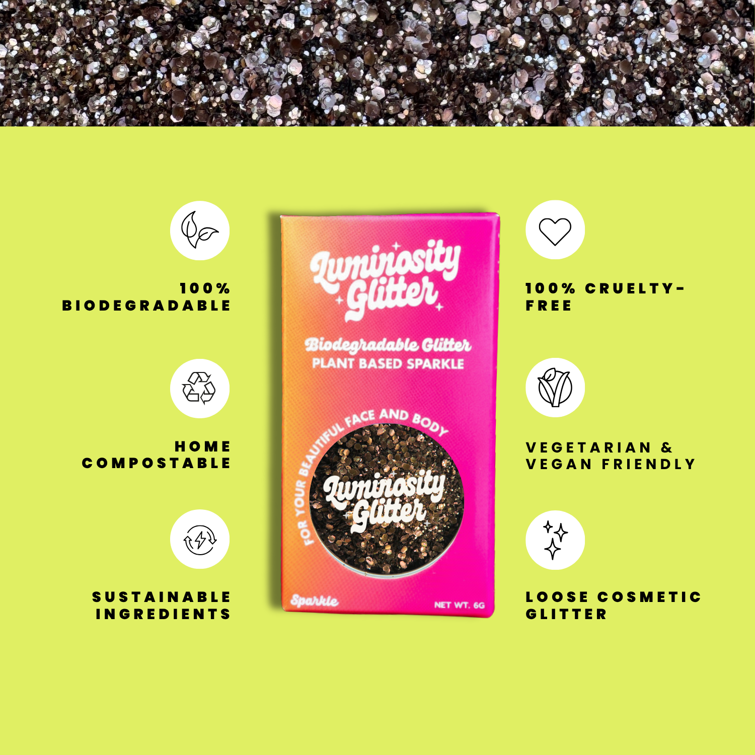 Mokka blend of brown glitter surrounded by text features of the eco glitter