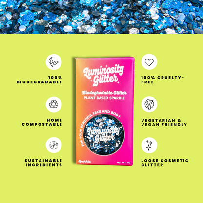 Luminosity Glitter packaging with sustainability features on a green background