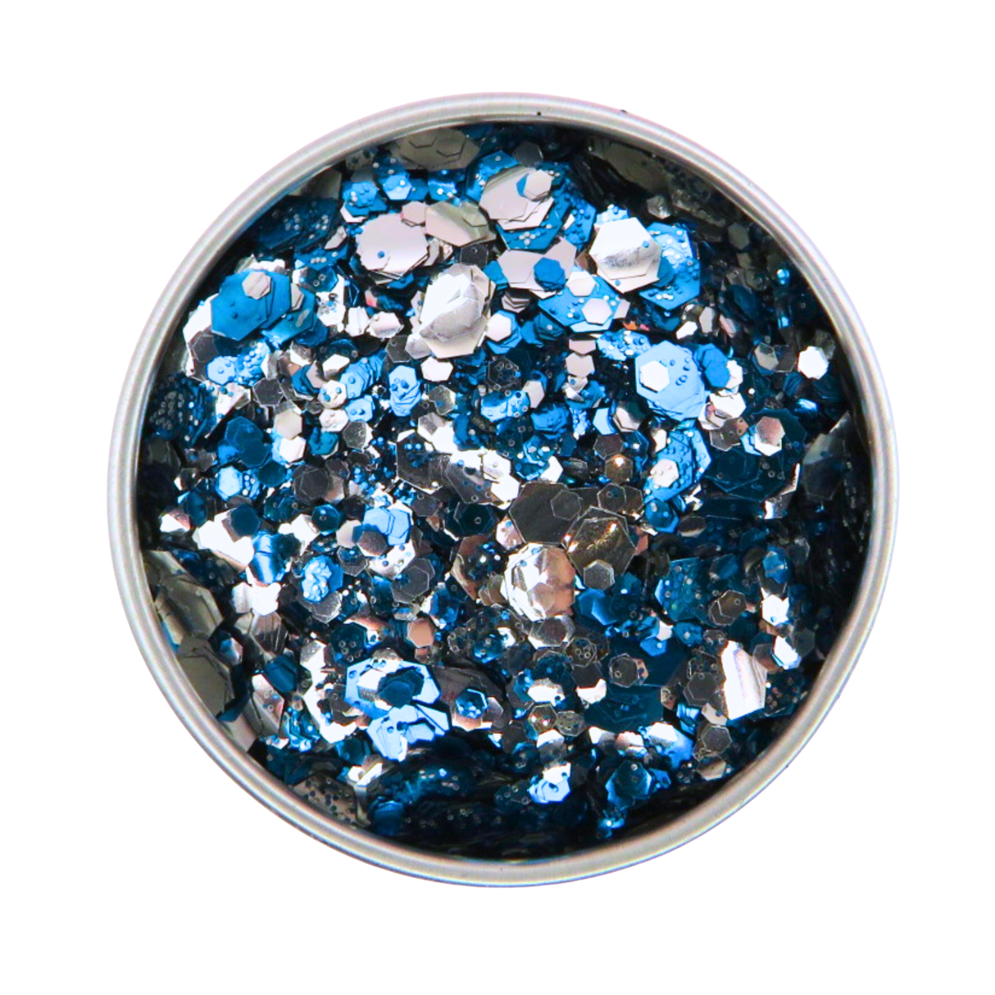 Metallic blue and silver glitter in a round container on a white background