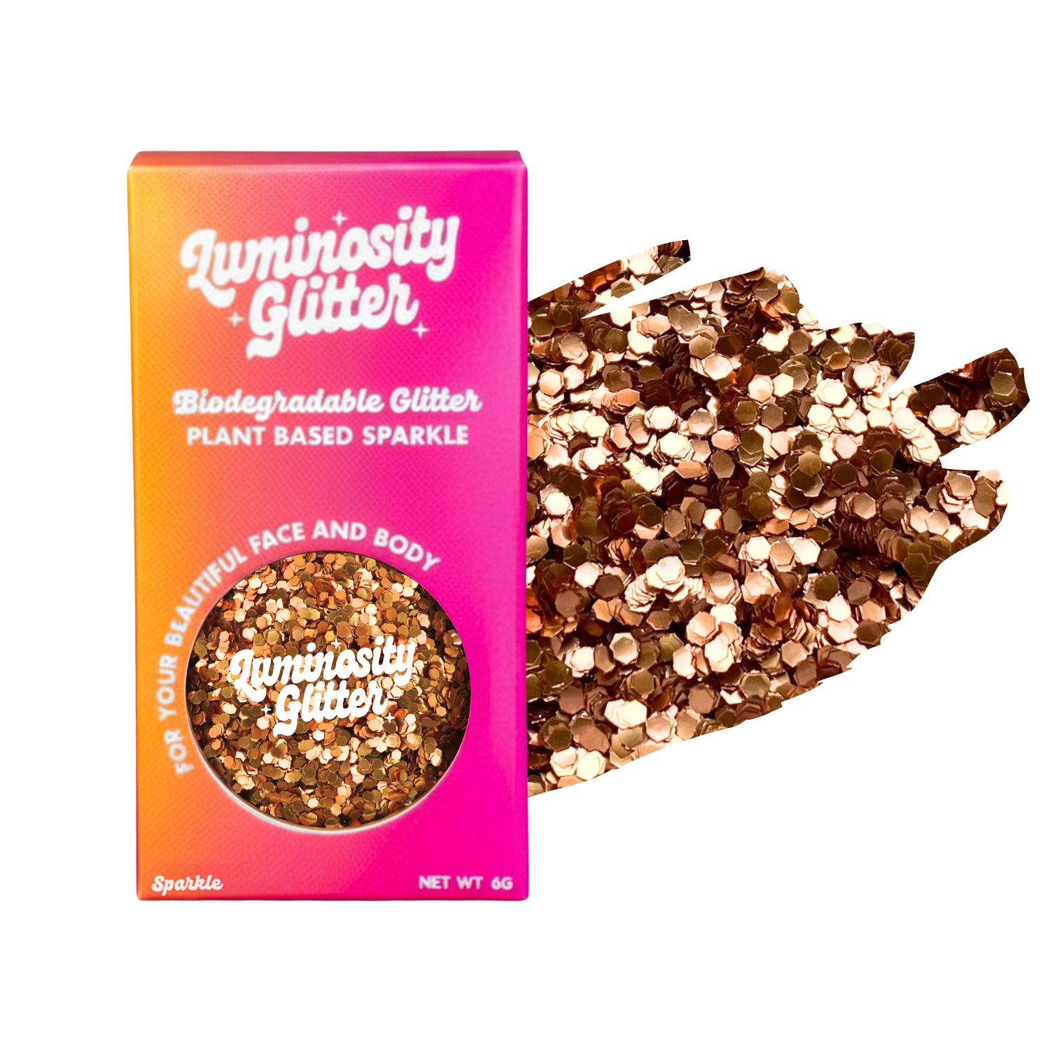 Luminosity Glitter packaging with biodegradable glitter on a white background