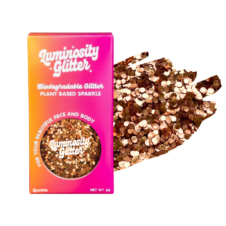 Luminosity Glitter packaging with biodegradable glitter on a white background