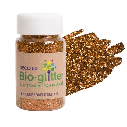 A jar of craft Bio-glitter labeled 'DECO 60' with a white cap and kraft paper label, shown next to a textured swatch of reflective bronze-brown glitter on a white background.