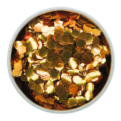 Orange super chunky eco friendly cosmetic glitter for makeup and crafting. A burnt orange copper shade of eco glitter in a round 6 gram aluminium tin