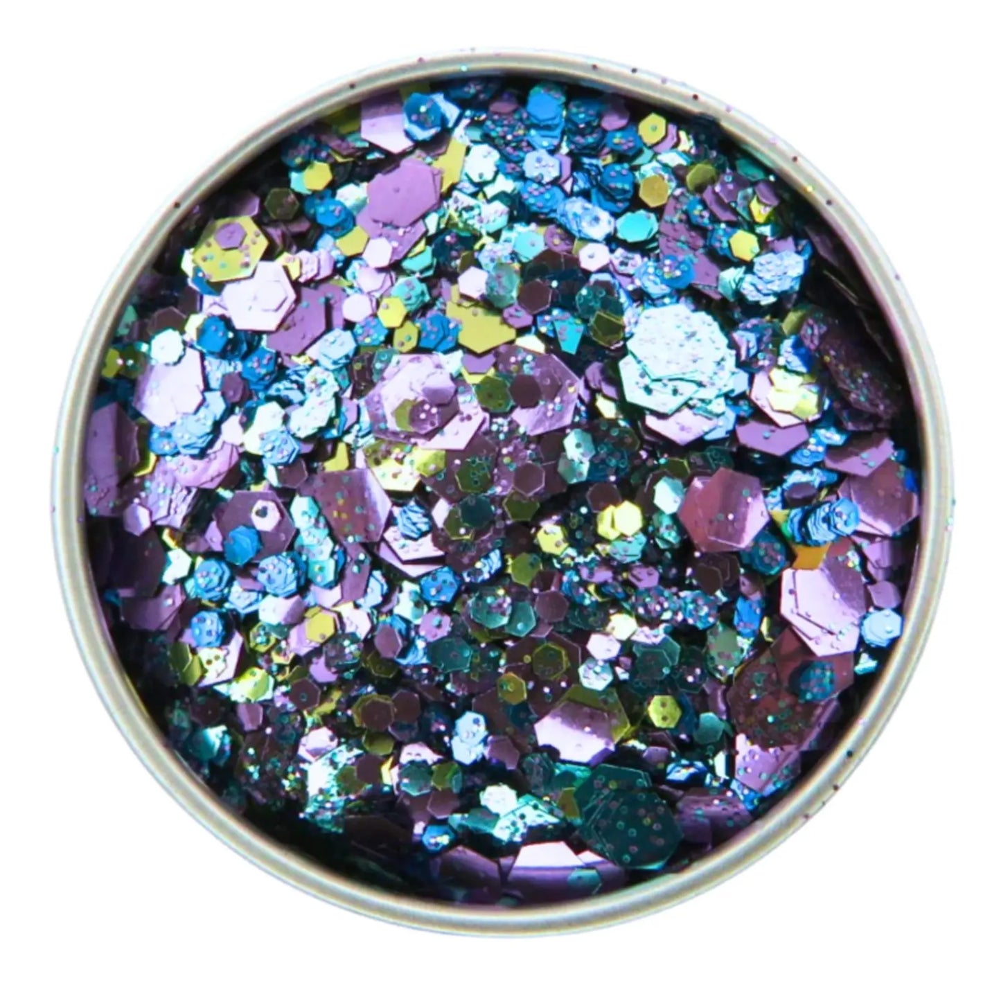 A jar of biodegradable blue and green glitter mix, intended for use in face and body art.